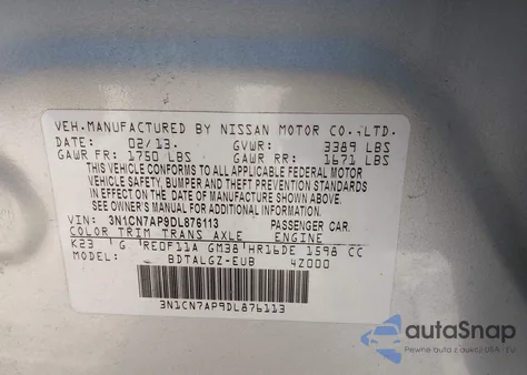 2013 Nissan Versa 1.6 Sl из США, поврежденный, VIN 3N1CN7AP9DL876113